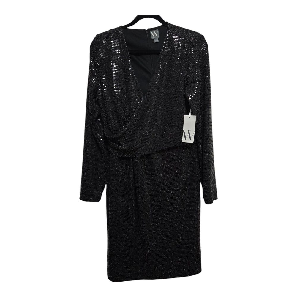 Worthington Black Dress Long Sleeves Faux Wrap Size Large Old Money Luxury NEW
